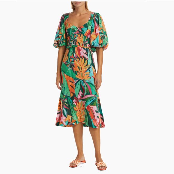 FARM Rio Dresses & Skirts - FARM Rio | NWT Banana & Foliage Print Puff Sleeve Midi Dress, Size S 🇧🇷